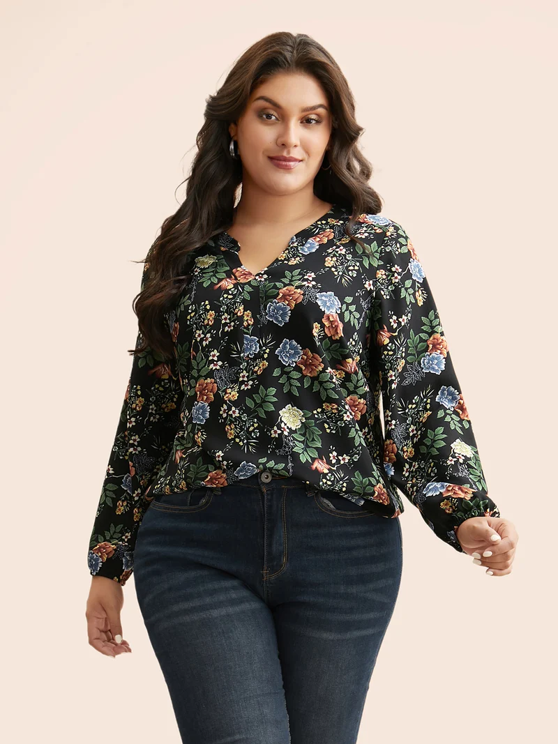 Floral Notched Pleated Lantern Sleeve Blouse