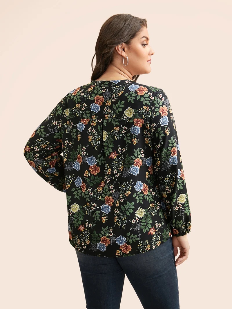 Floral Notched Pleated Lantern Sleeve Blouse