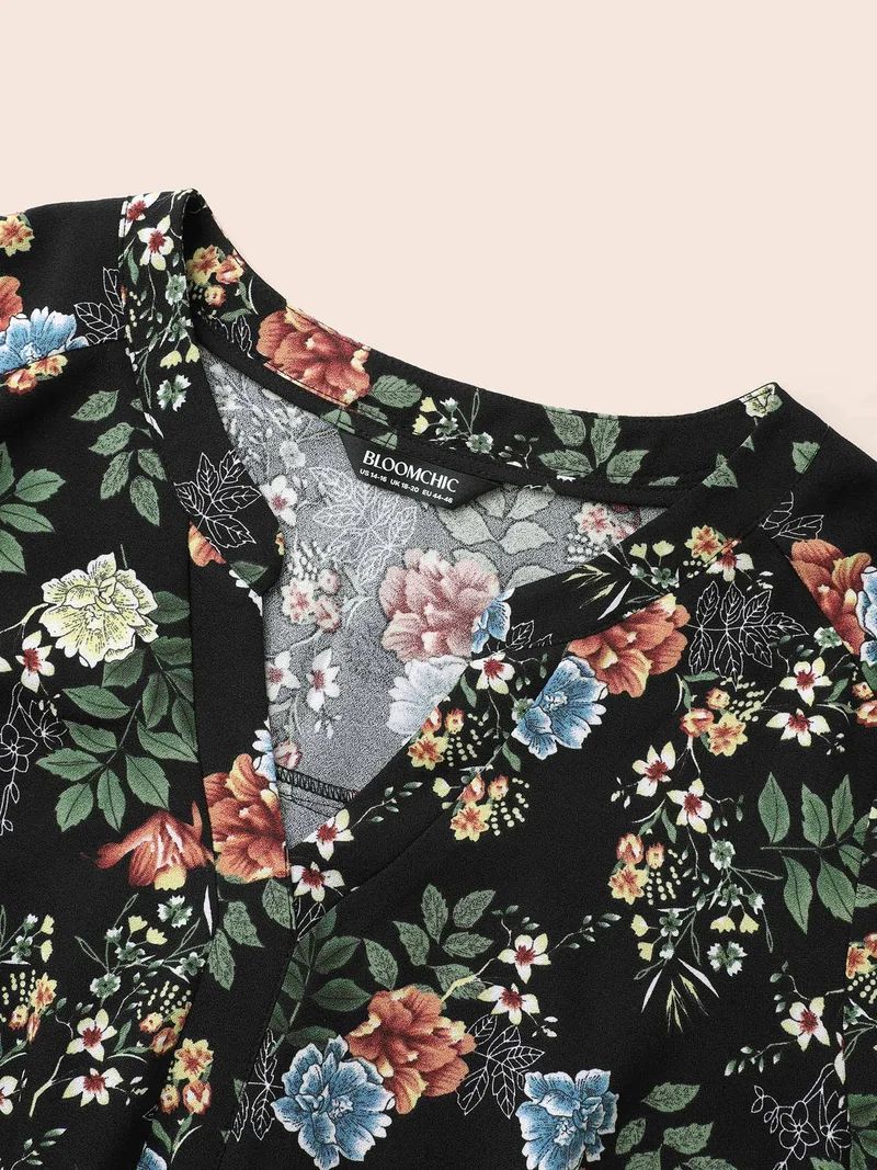 Floral Notched Pleated Lantern Sleeve Blouse
