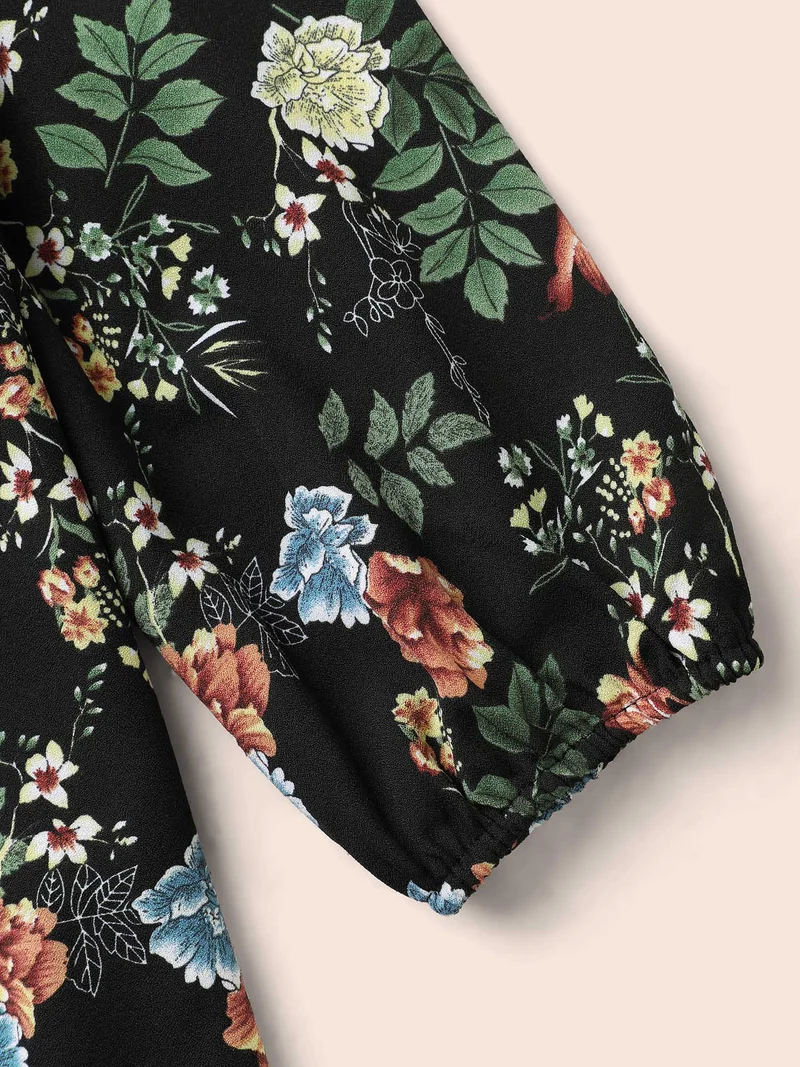 Floral Notched Pleated Lantern Sleeve Blouse