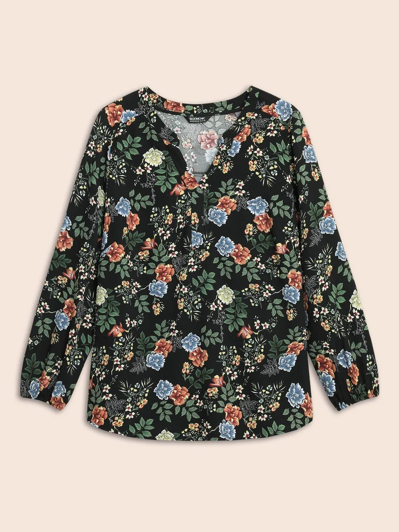 Floral Notched Pleated Lantern Sleeve Blouse