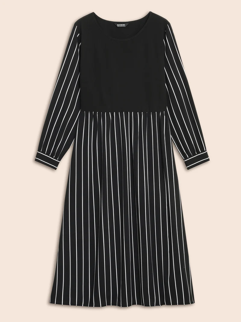 Round Neck Striped Patchwork Midi Dress