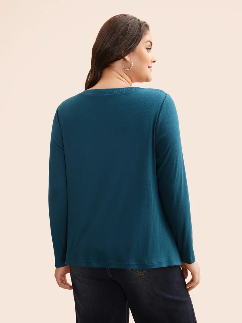 Solid Notched Collar Rib Knit T-shirt