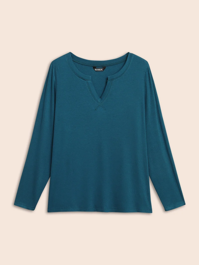 Solid Notched Collar Rib Knit T-shirt