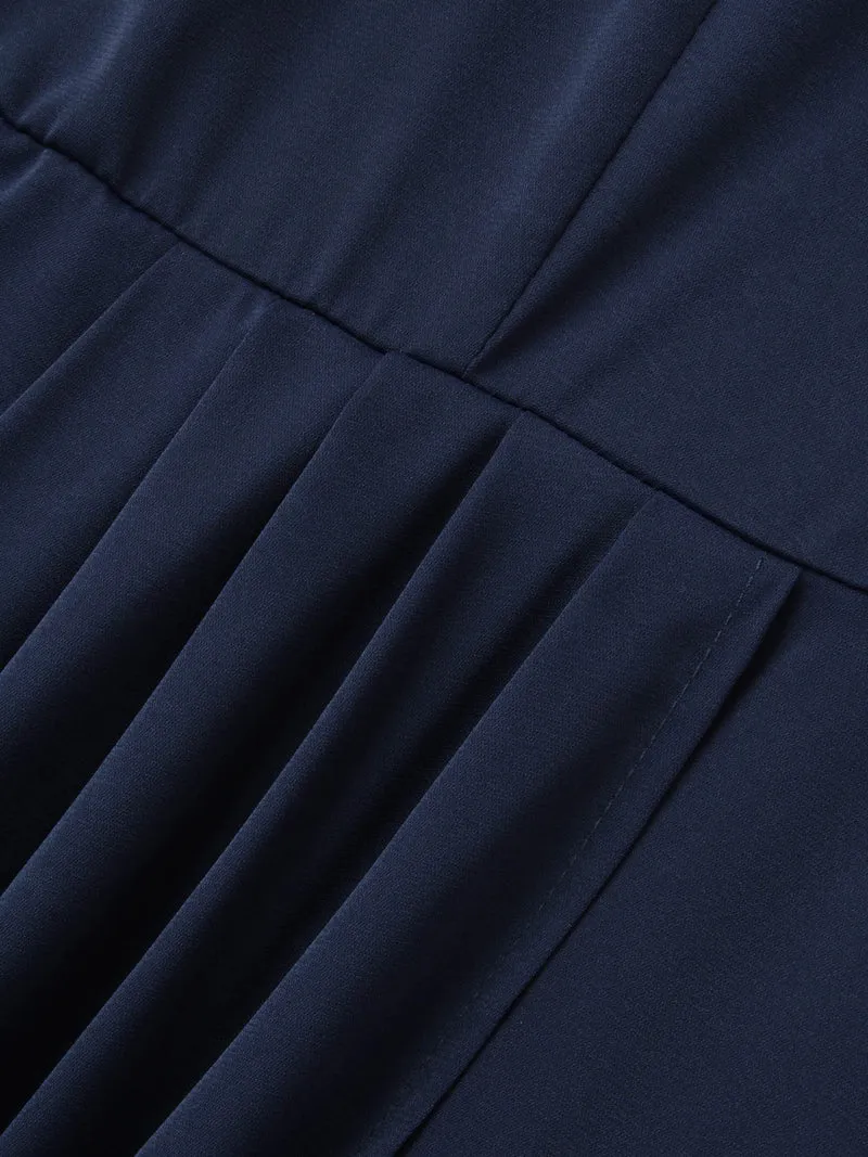 Notched Collar Pleated Ruffle Sleeve Dress