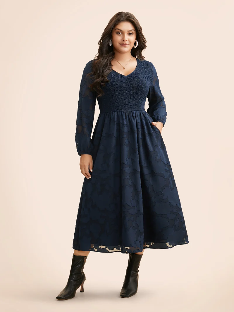 Solid Textured Shirred Elastic Waist Dress