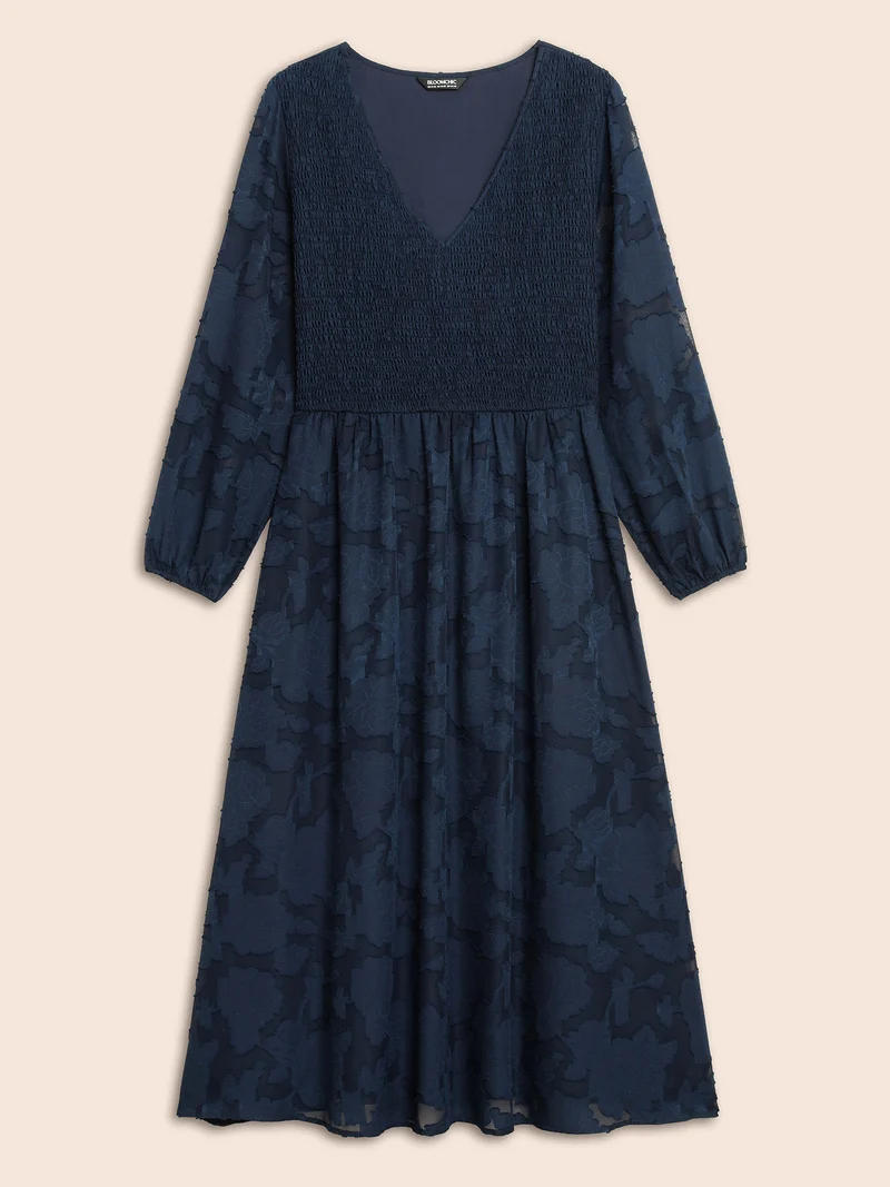 Solid Textured Shirred Elastic Waist Dress