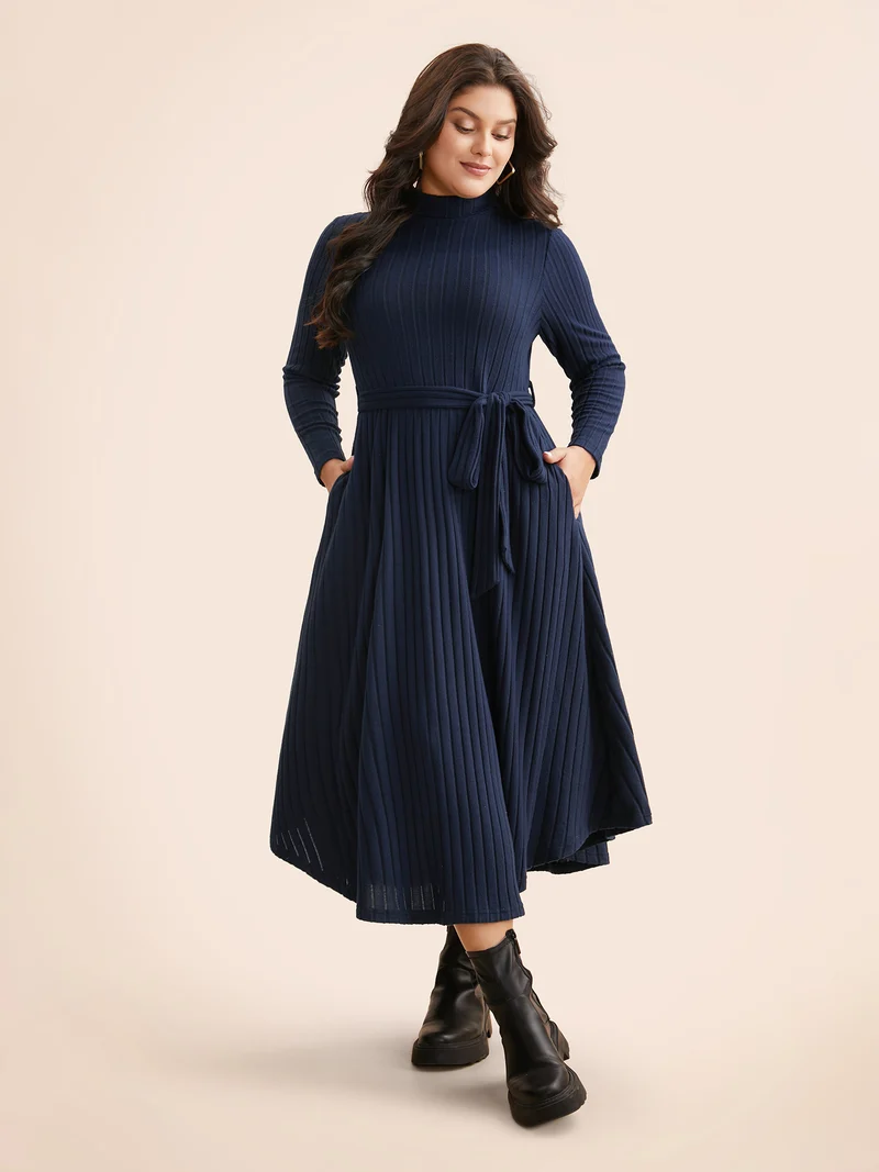 Plain Turtleneck Arc Hem Belted Dress