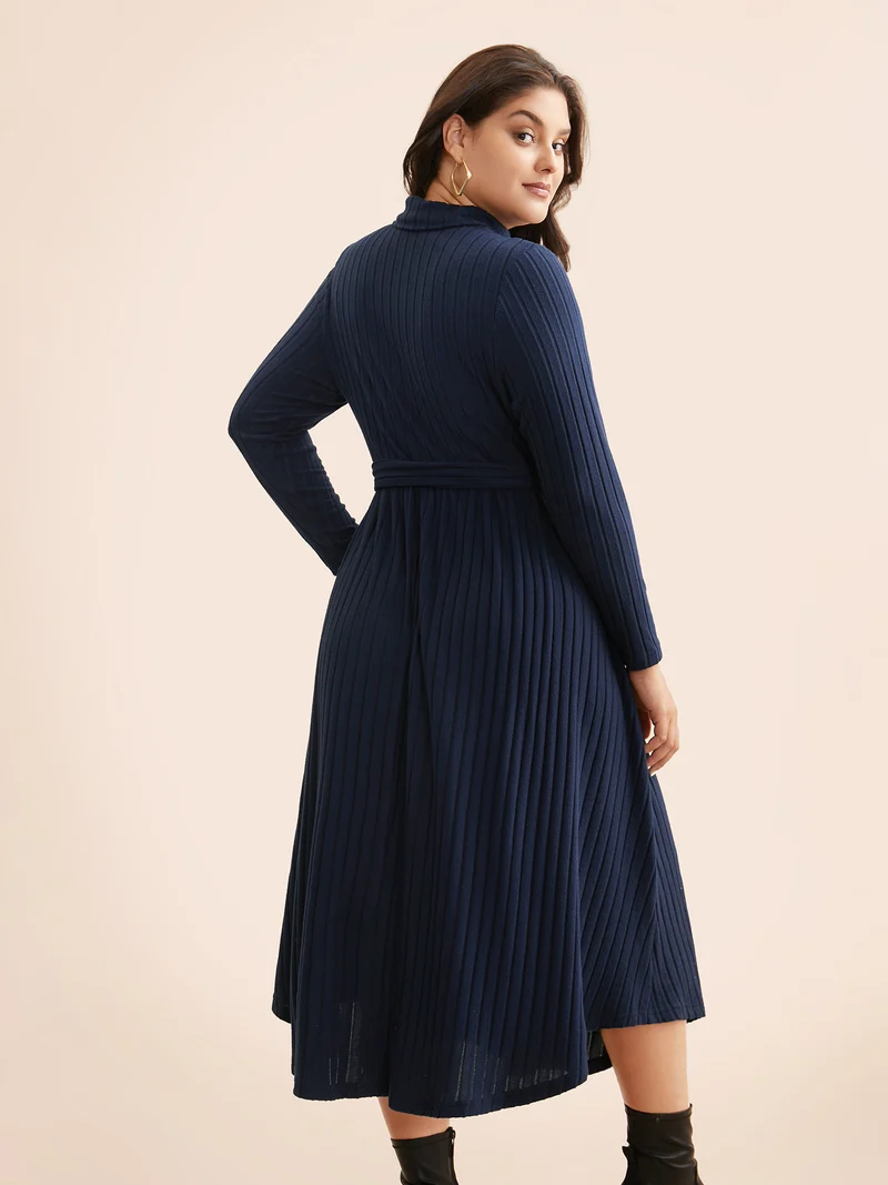 Plain Turtleneck Arc Hem Belted Dress