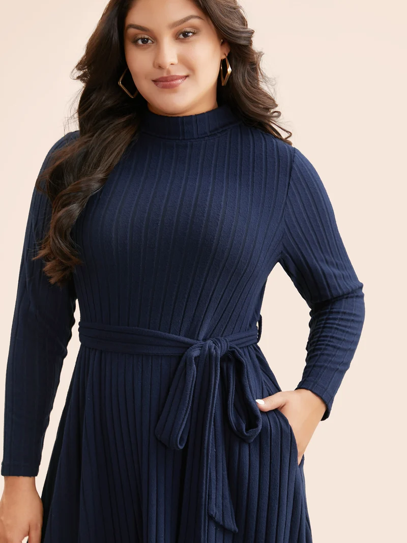 Plain Turtleneck Arc Hem Belted Dress