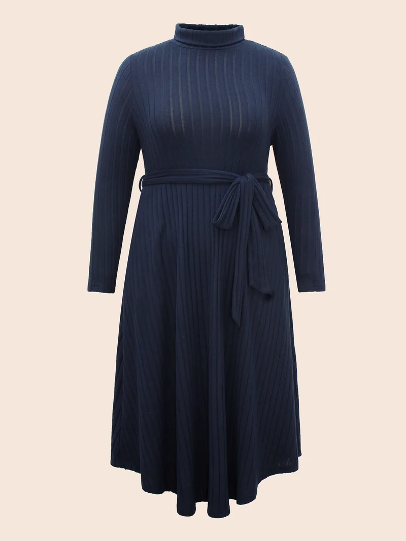 Plain Turtleneck Arc Hem Belted Dress