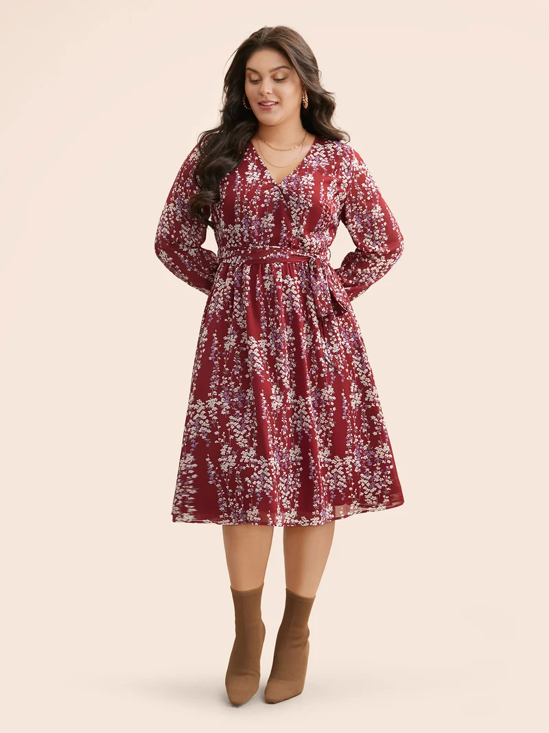 Ditsy Floral Overlap Collar Belted Dress