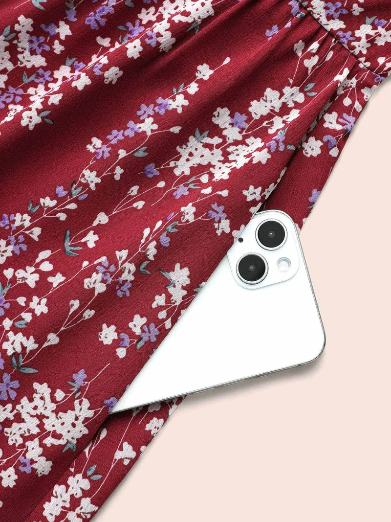 Ditsy Floral Overlap Collar Belted Dress