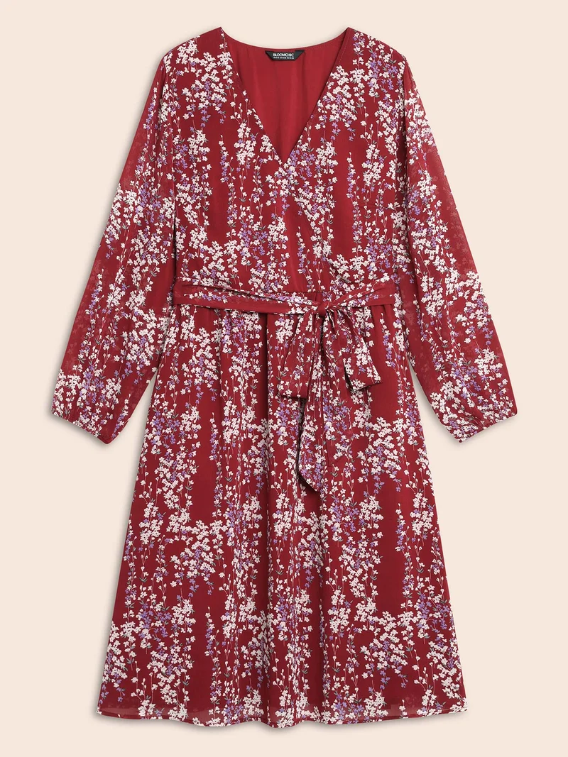 Ditsy Floral Overlap Collar Belted Dress