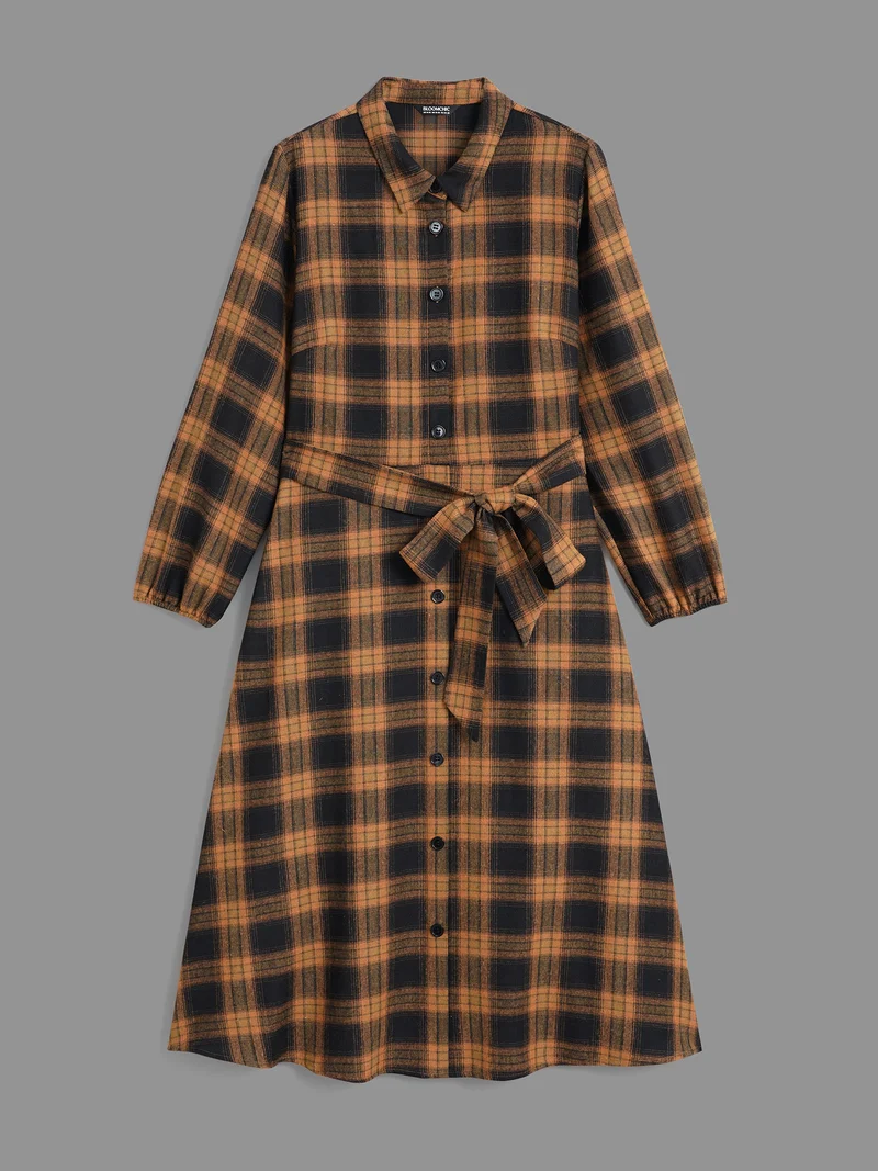 Shirt Collar Plaid Belted Midi Dress