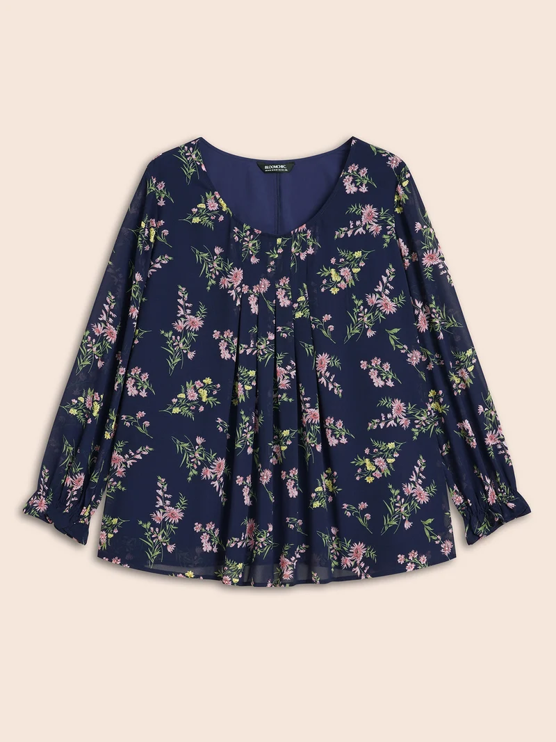 Chiffon Floral Round Neck Pleated Blouse