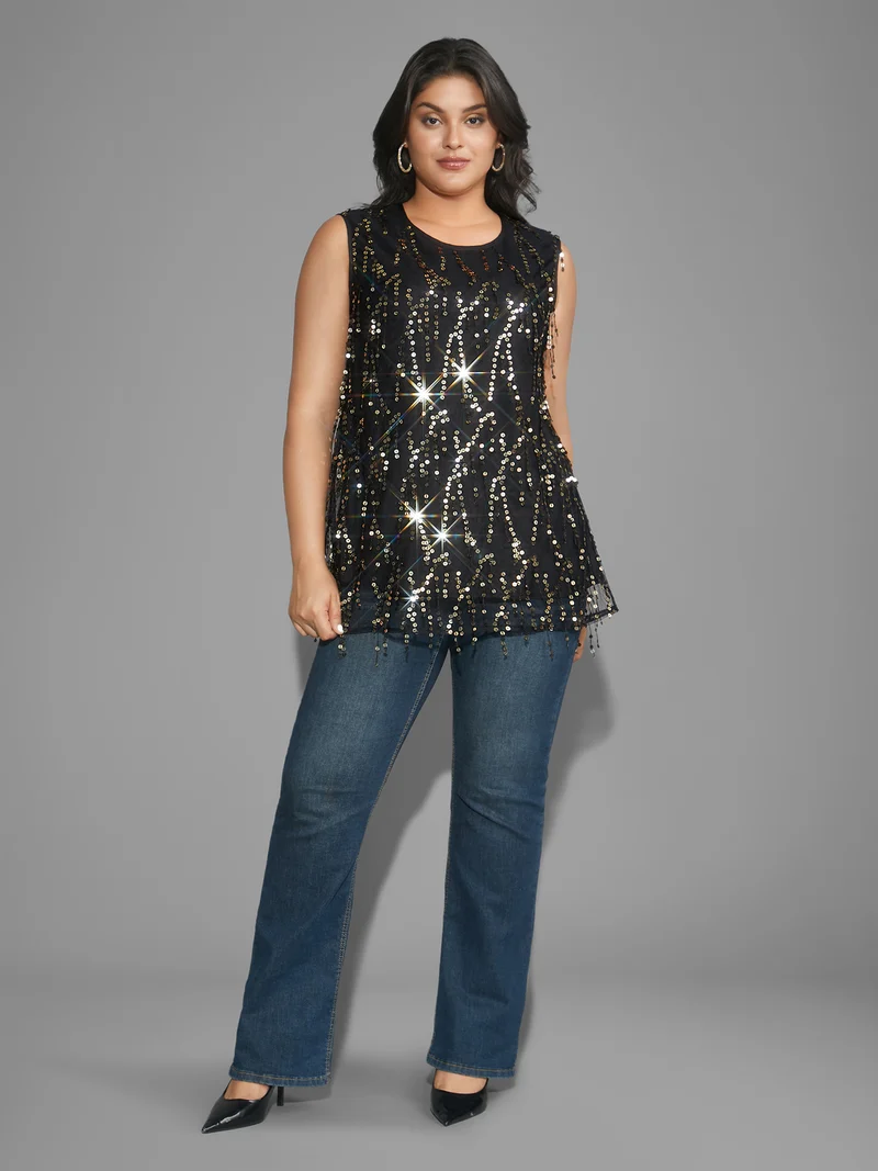 Sequin Mesh Tassel Trim Tank Top