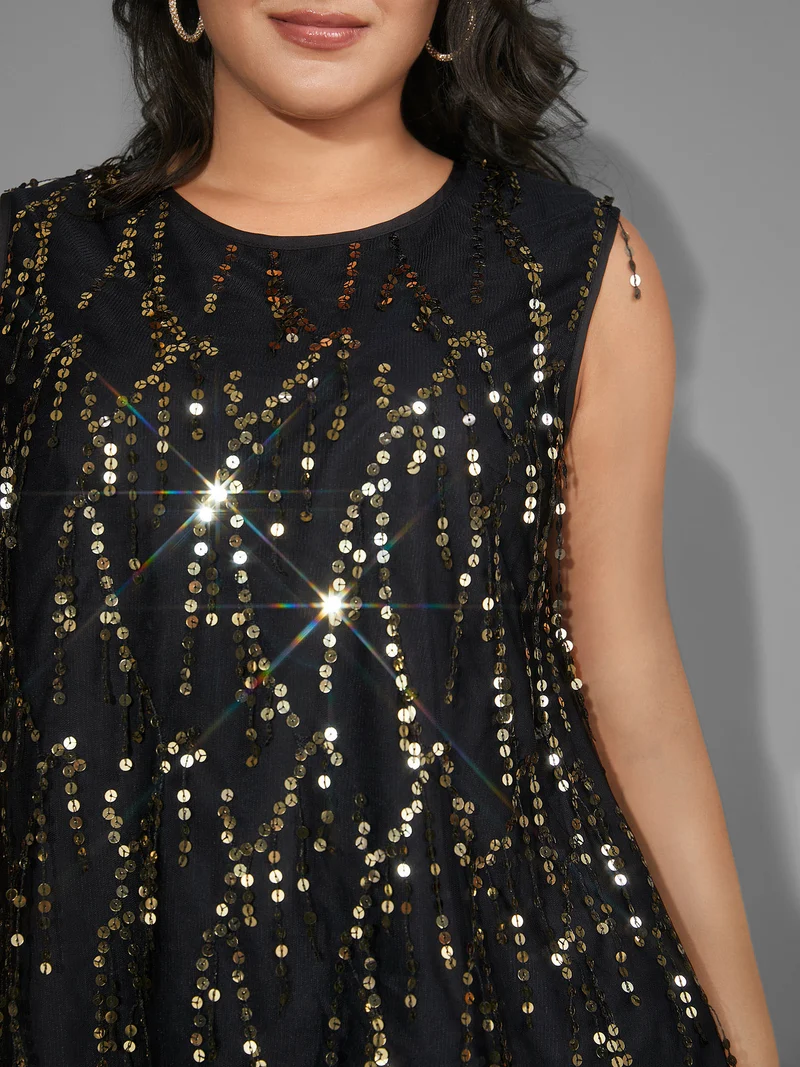 Sequin Mesh Tassel Trim Tank Top