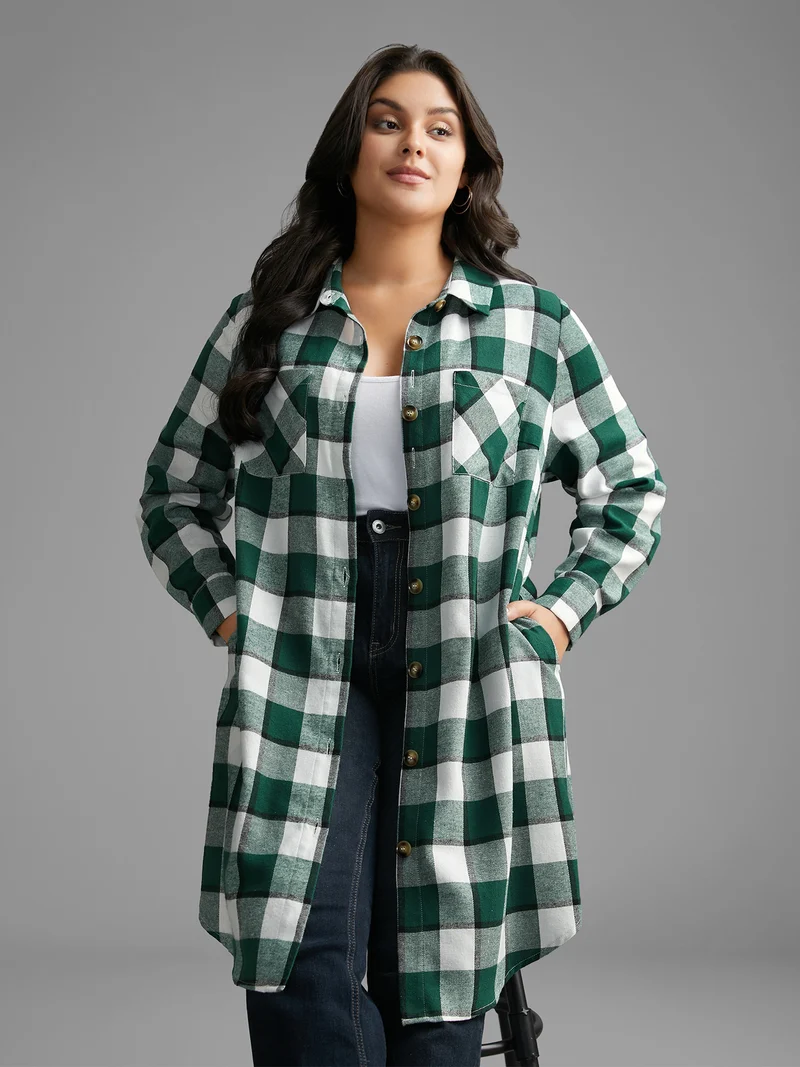 Plaid Patched Pocket Arc Hem Jacket