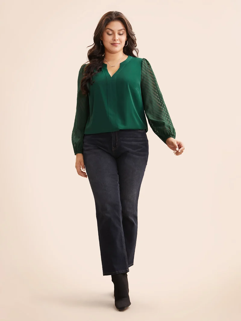 Solid Textured Notched Collar Pleated Blouse
