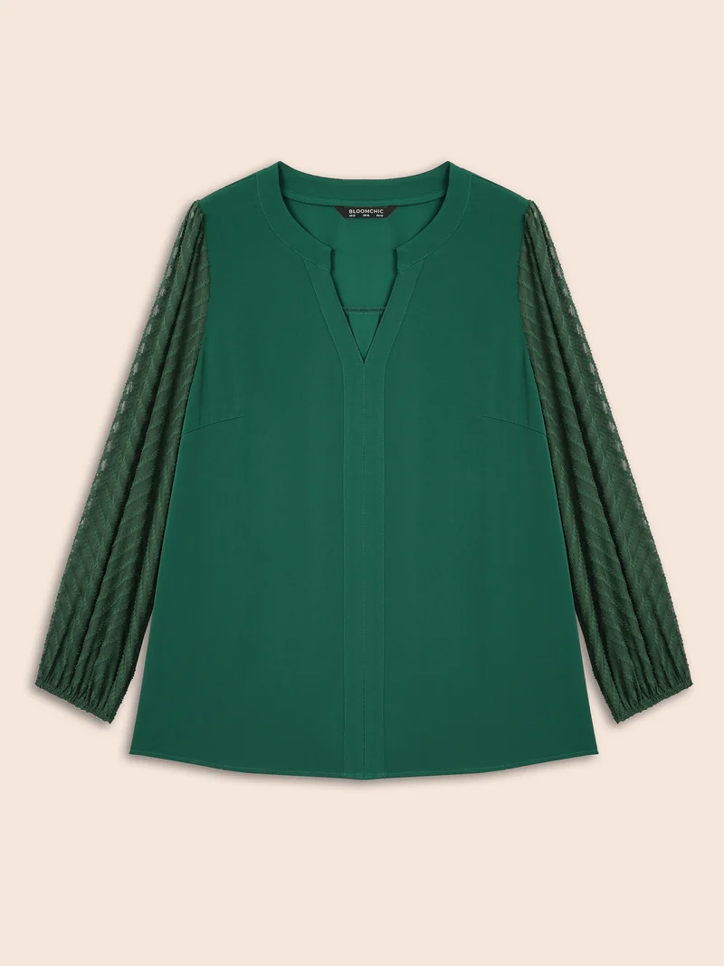 Solid Textured Notched Collar Pleated Blouse