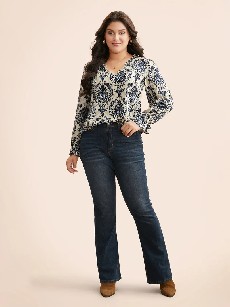 Boho Print Frill Trim Slit Hem Blouse
