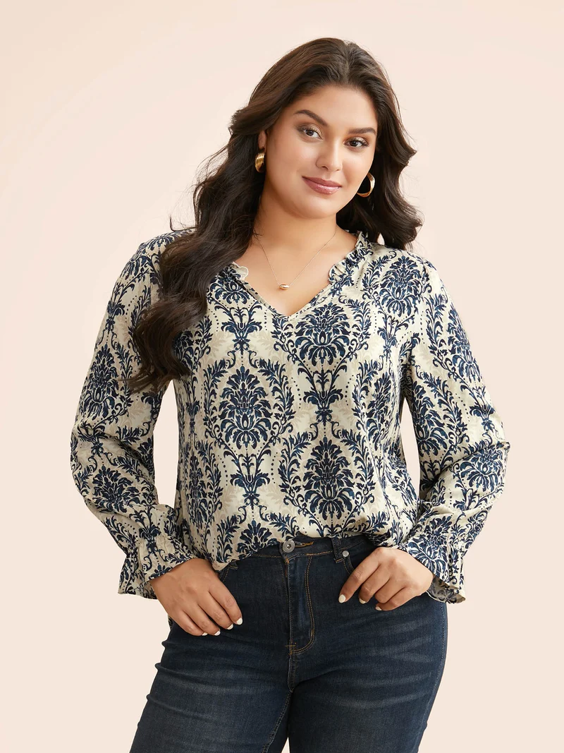 Boho Print Frill Trim Slit Hem Blouse