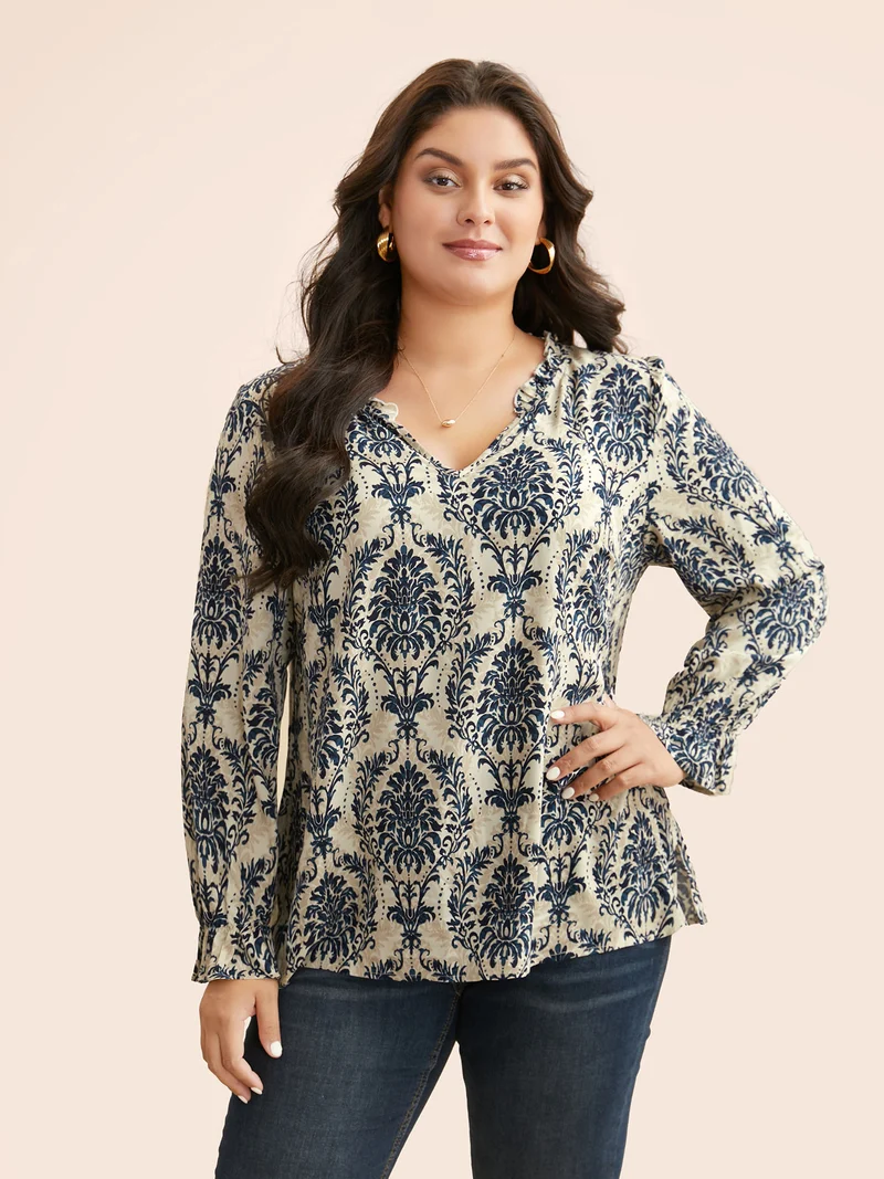 Boho Print Frill Trim Slit Hem Blouse