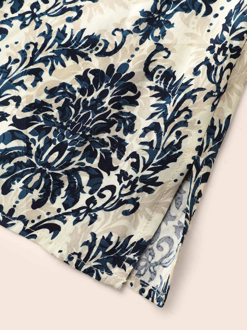 Boho Print Frill Trim Slit Hem Blouse