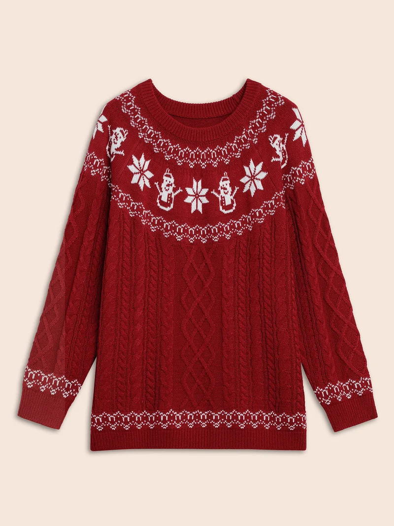 Snowman Printed Cable Knit Pullover