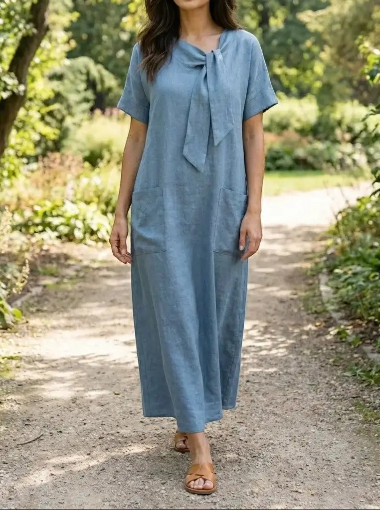 Women's Flowy Fabric Summer Dress | Elegant Chic Neck Tie Design with Pockets
