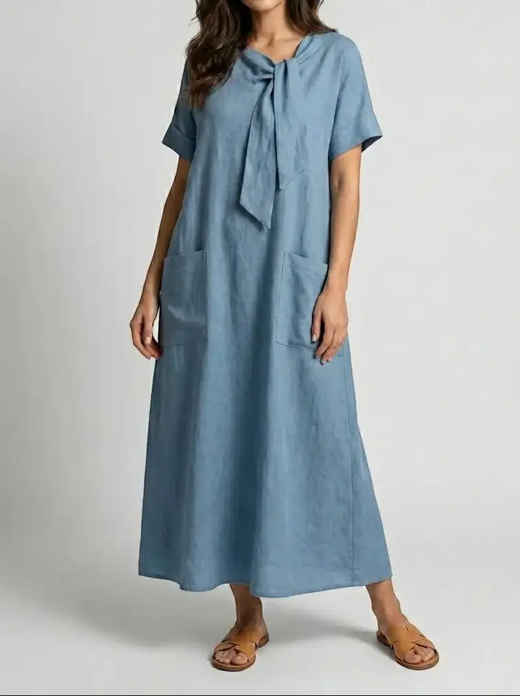 Women's Flowy Fabric Summer Dress | Elegant Chic Neck Tie Design with Pockets