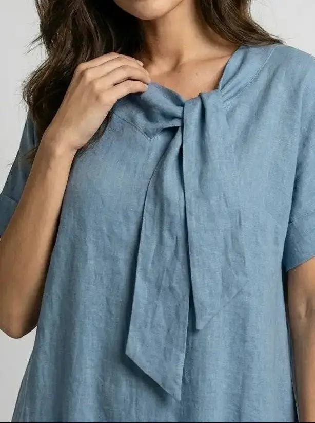 Women's Flowy Fabric Summer Dress | Elegant Chic Neck Tie Design with Pockets