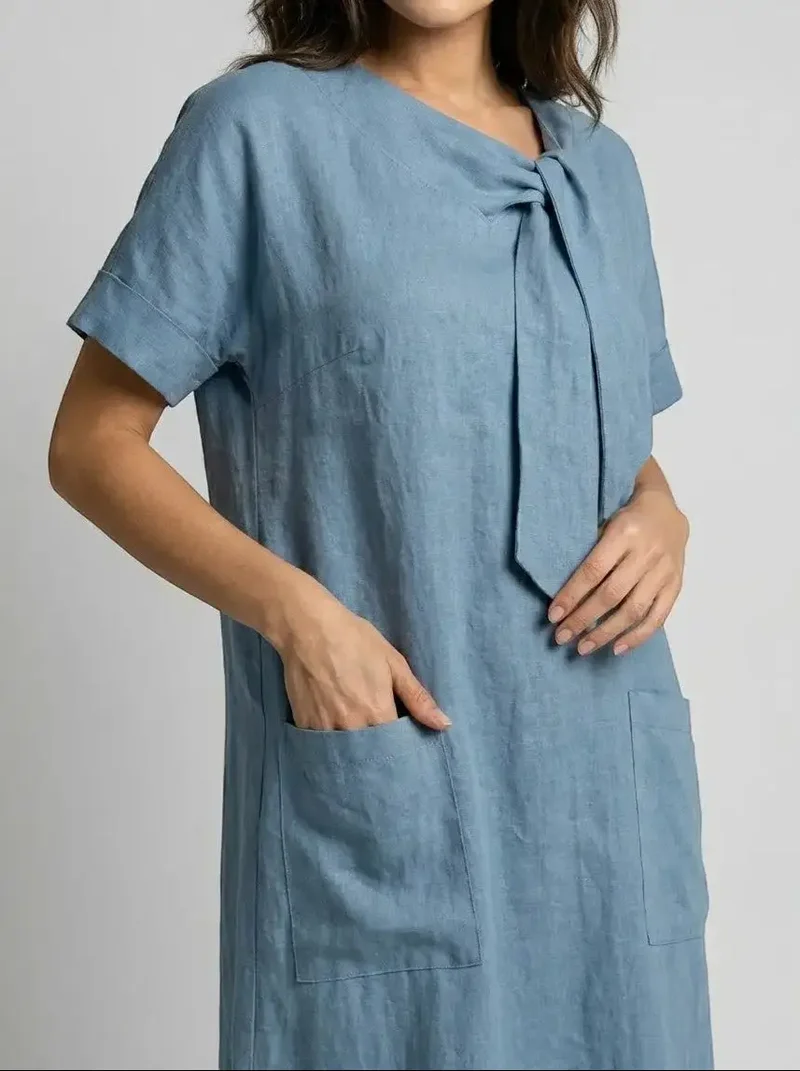 Women's Flowy Fabric Summer Dress | Elegant Chic Neck Tie Design with Pockets