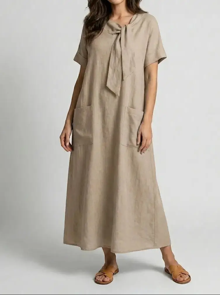 Women's Flowy Fabric Summer Dress | Elegant Chic Neck Tie Design with Pockets