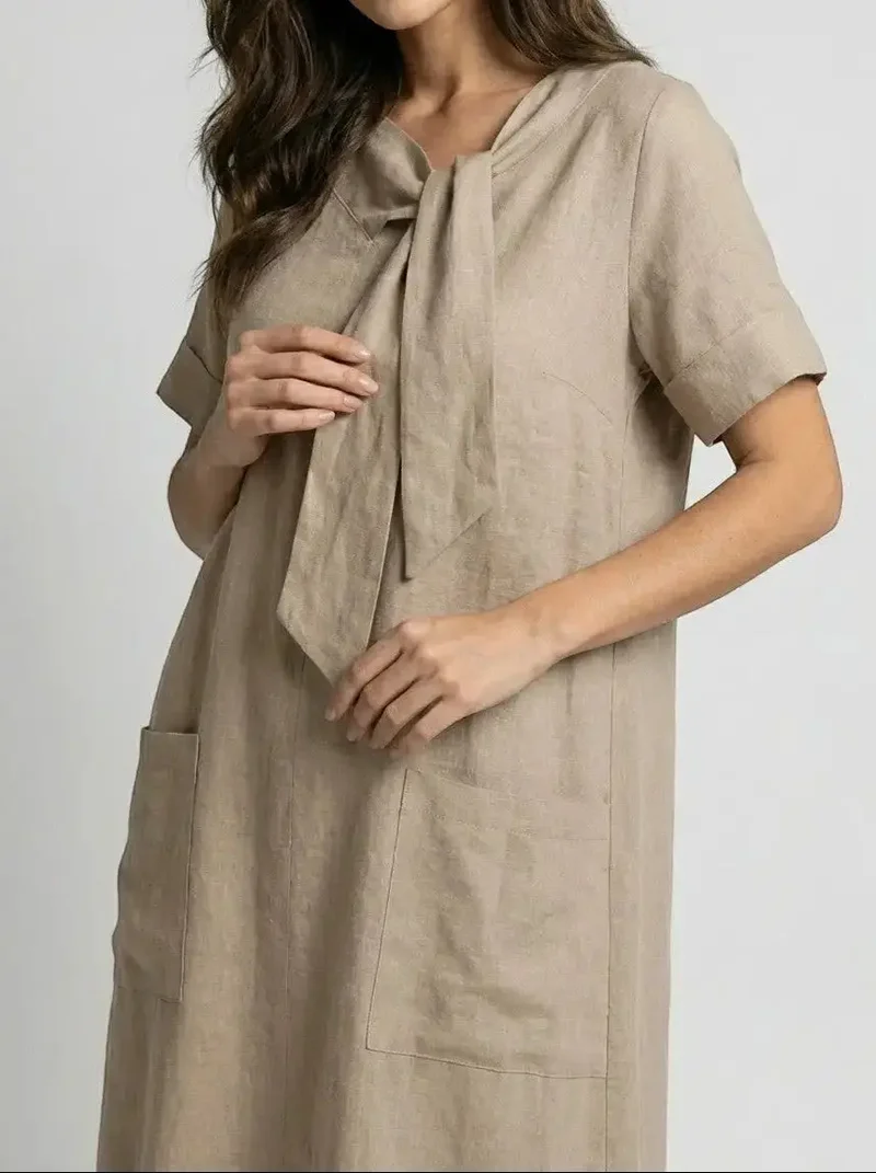 Women's Flowy Fabric Summer Dress | Elegant Chic Neck Tie Design with Pockets