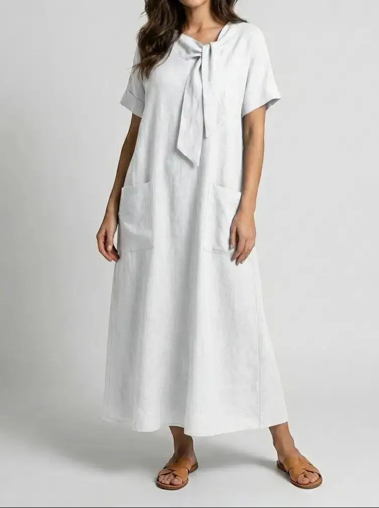 Women's Flowy Fabric Summer Dress | Elegant Chic Neck Tie Design with Pockets
