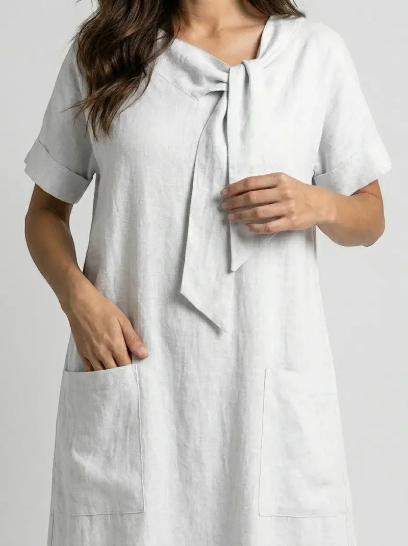Women's Flowy Fabric Summer Dress | Elegant Chic Neck Tie Design with Pockets