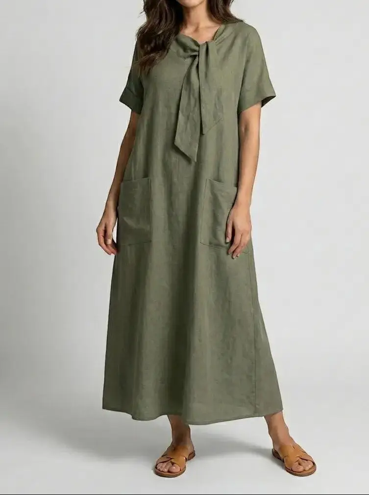 Women's Flowy Fabric Summer Dress | Elegant Chic Neck Tie Design with Pockets