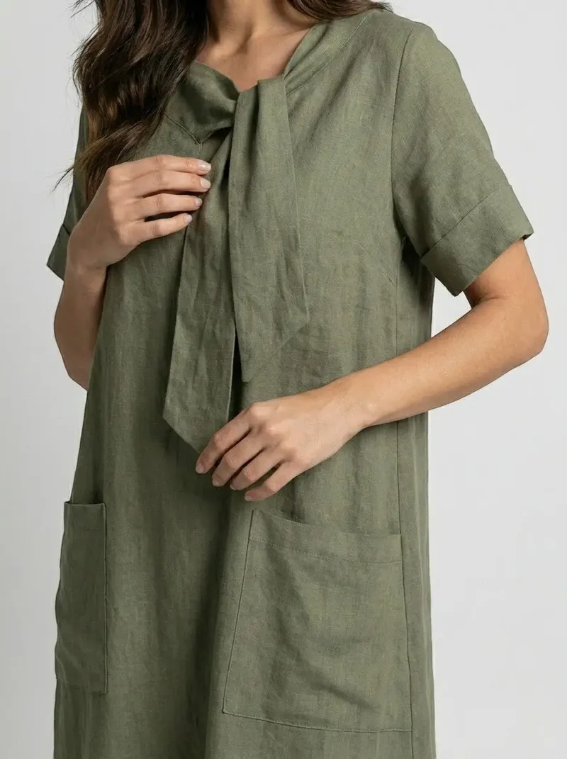 Women's Flowy Fabric Summer Dress | Elegant Chic Neck Tie Design with Pockets
