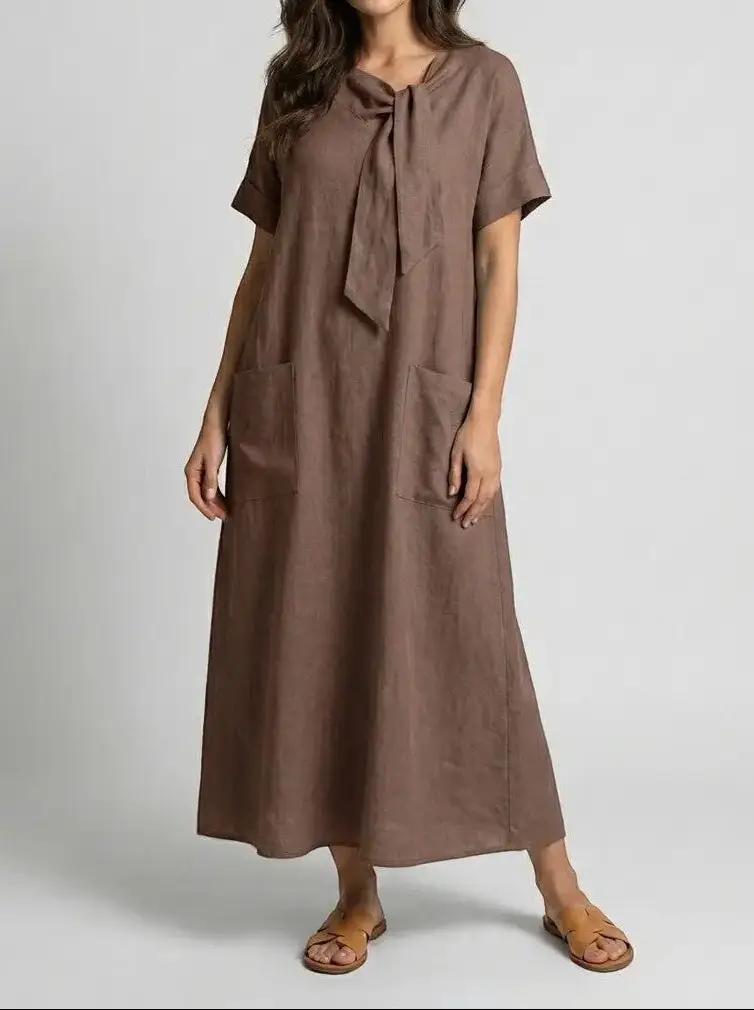 Women's Flowy Fabric Summer Dress | Elegant Chic Neck Tie Design with Pockets