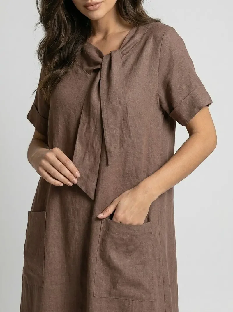 Women's Flowy Fabric Summer Dress | Elegant Chic Neck Tie Design with Pockets