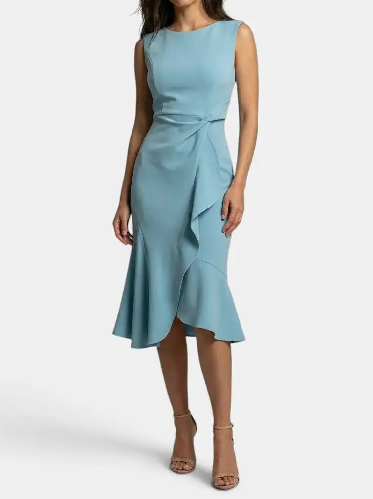 Women's Elegant Asymmetric Midi Dress | Sleek Sleeveless Cocktail Gown for Special Occasions