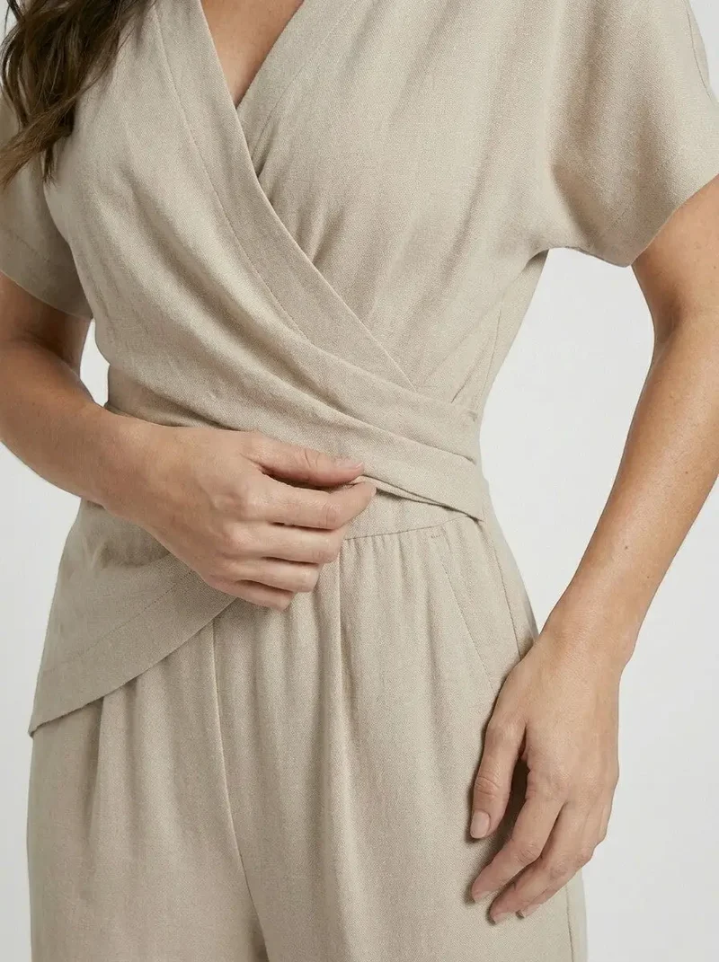 Women's Lightweight Two-Piece Set | Elegant Wrap-Front Top and Tailored Trousers