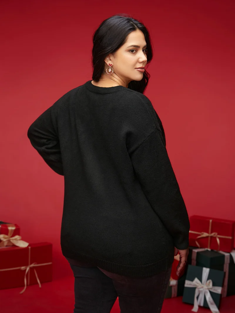 Holidazzled Dog Motif Furry V-neck Pullover