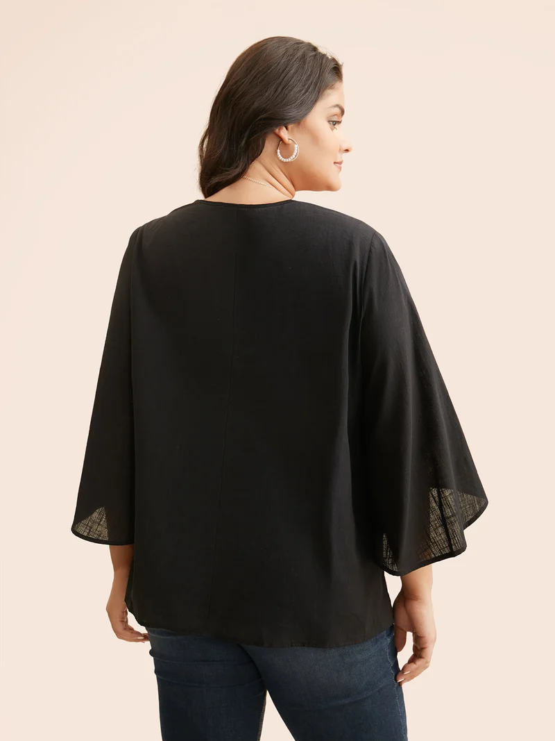 Embroidered V-neck Ruffle Sleeve Blouse