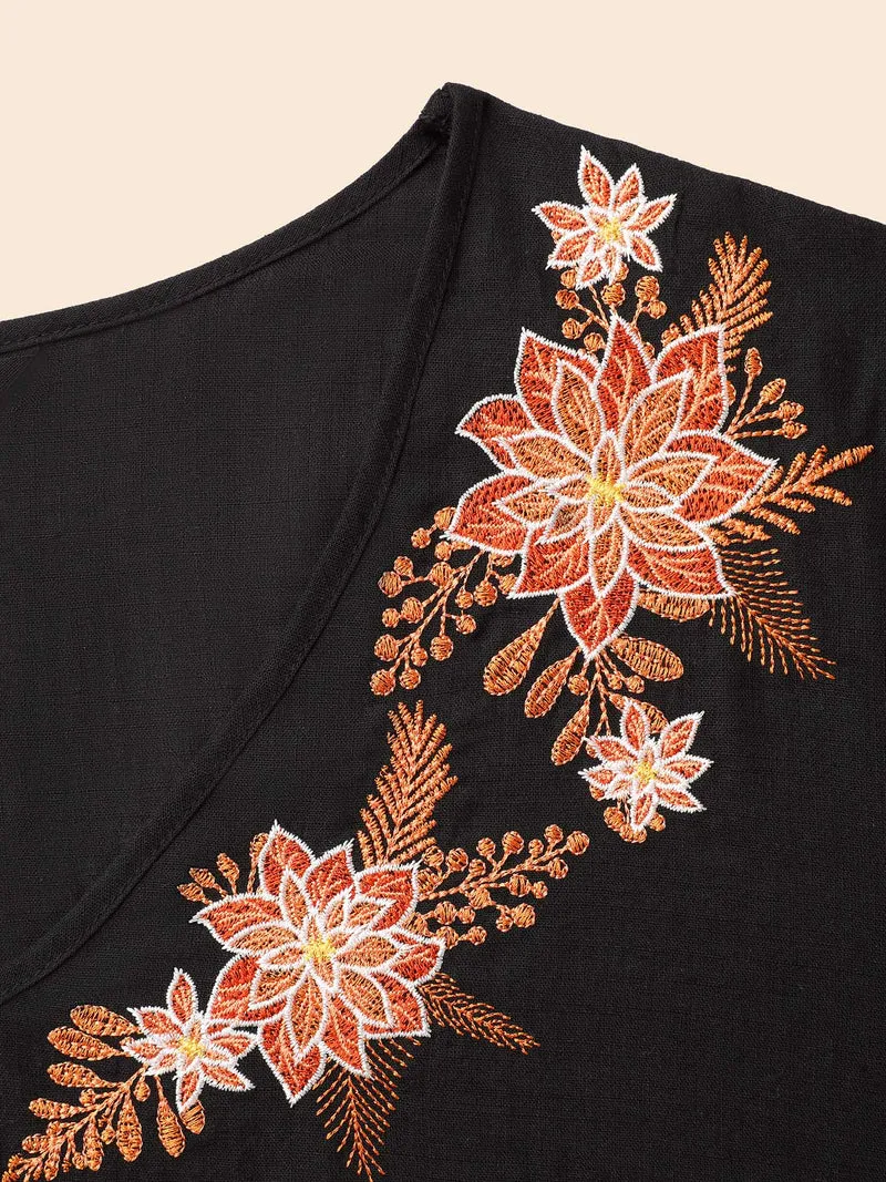 Embroidered V-neck Ruffle Sleeve Blouse
