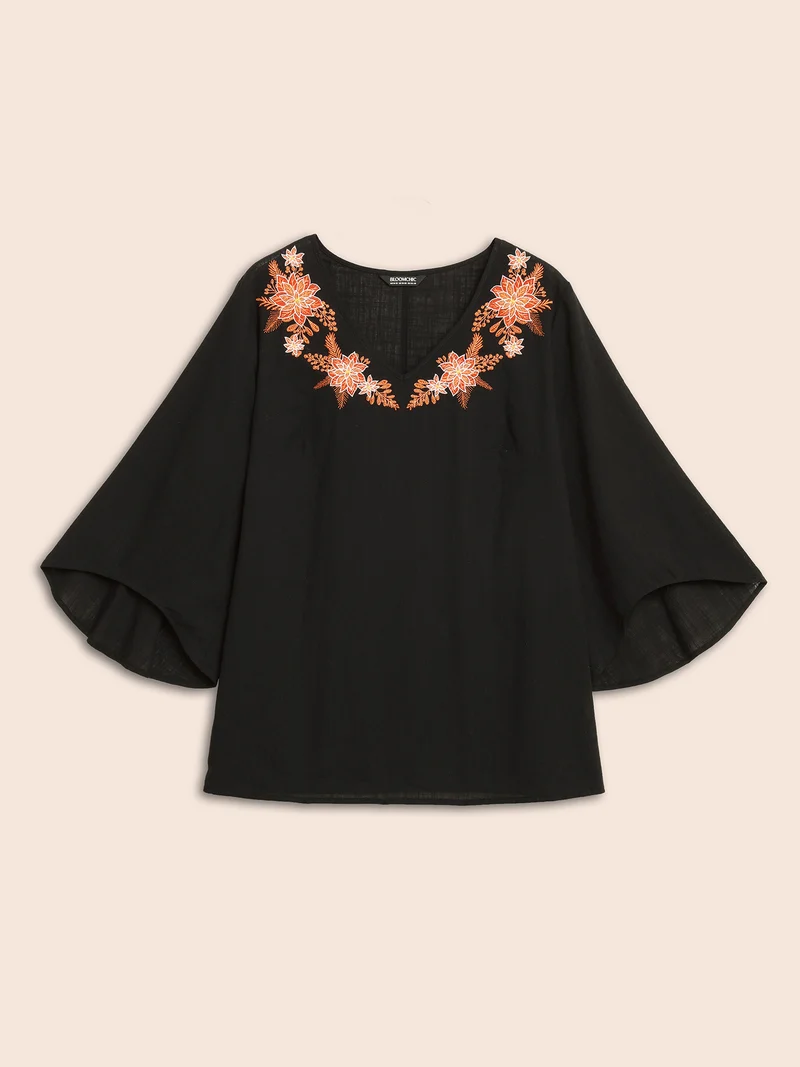 Embroidered V-neck Ruffle Sleeve Blouse
