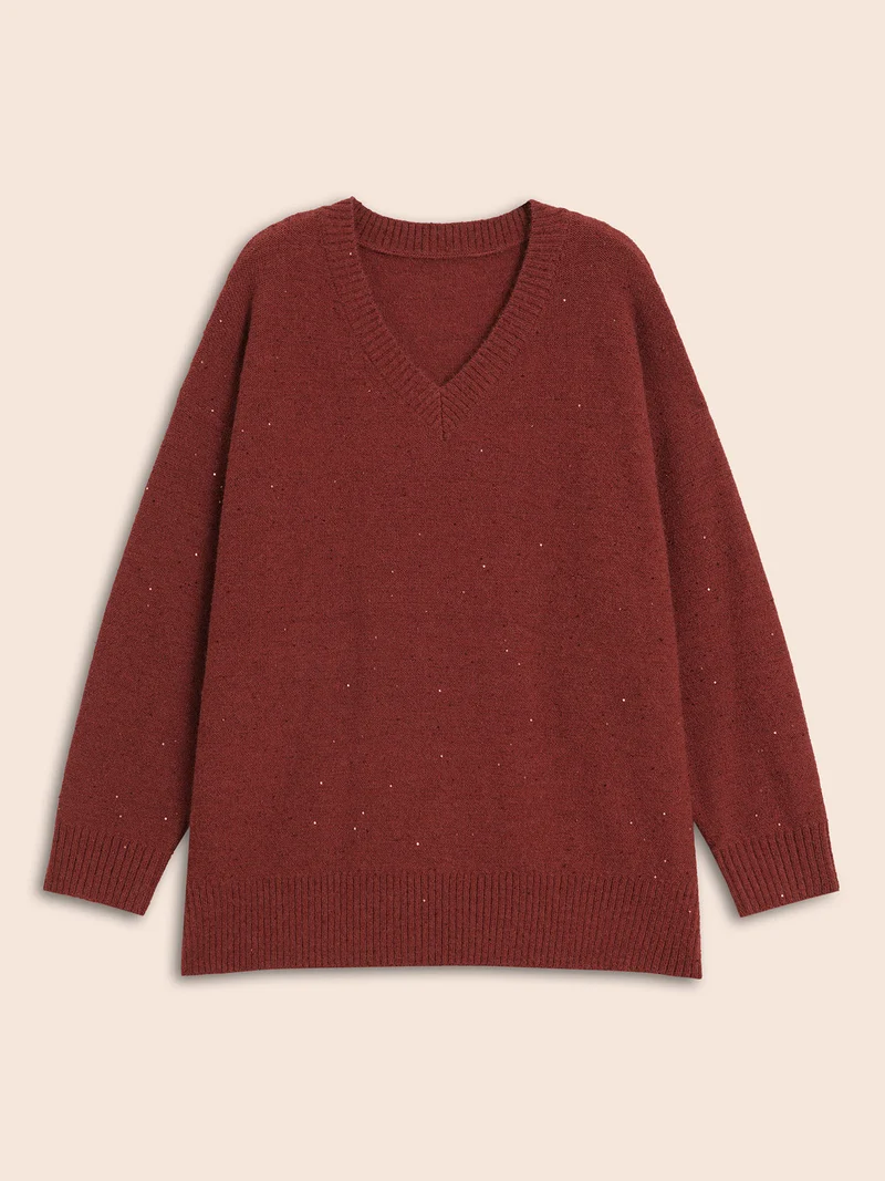 V Neck Glitter Dropped Shoulder Split Hem Pullover