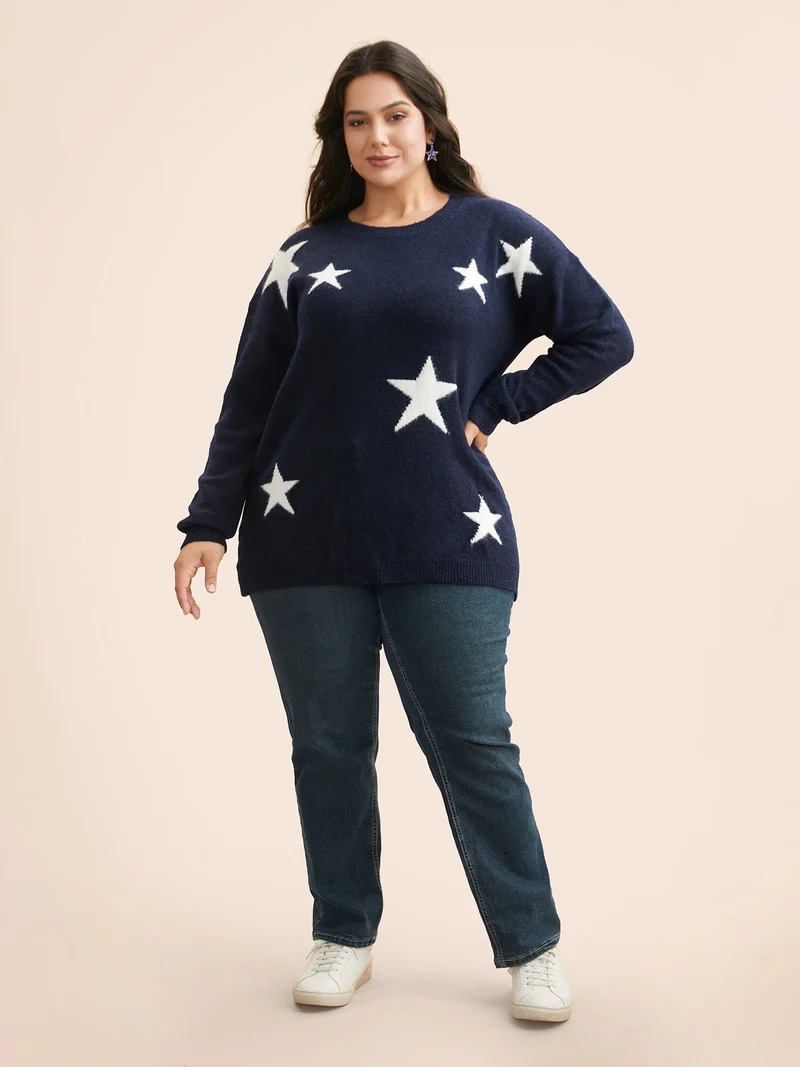 Star Jacquard Crew Neck Pullover